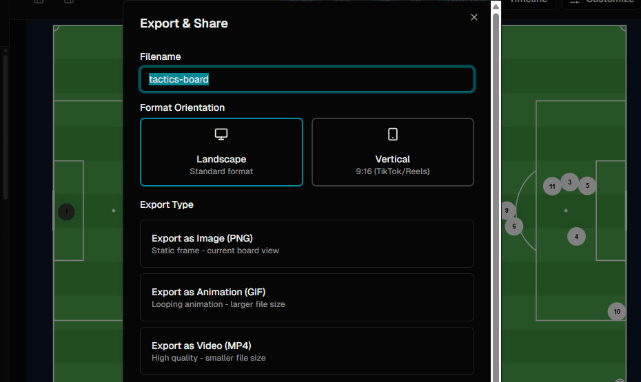 Teloframe export dialog with aspect ratio options